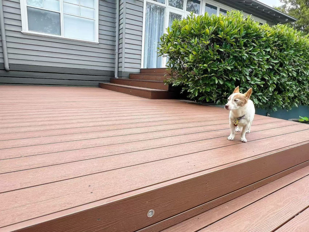 EVERTEX Essence Chestnut PVC decking on a raised deck