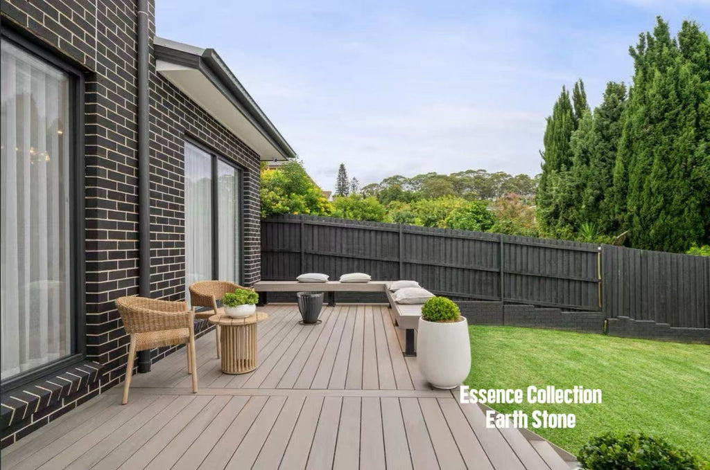EVERTEX Essence Earth Stone PVC decking on a backyard deck