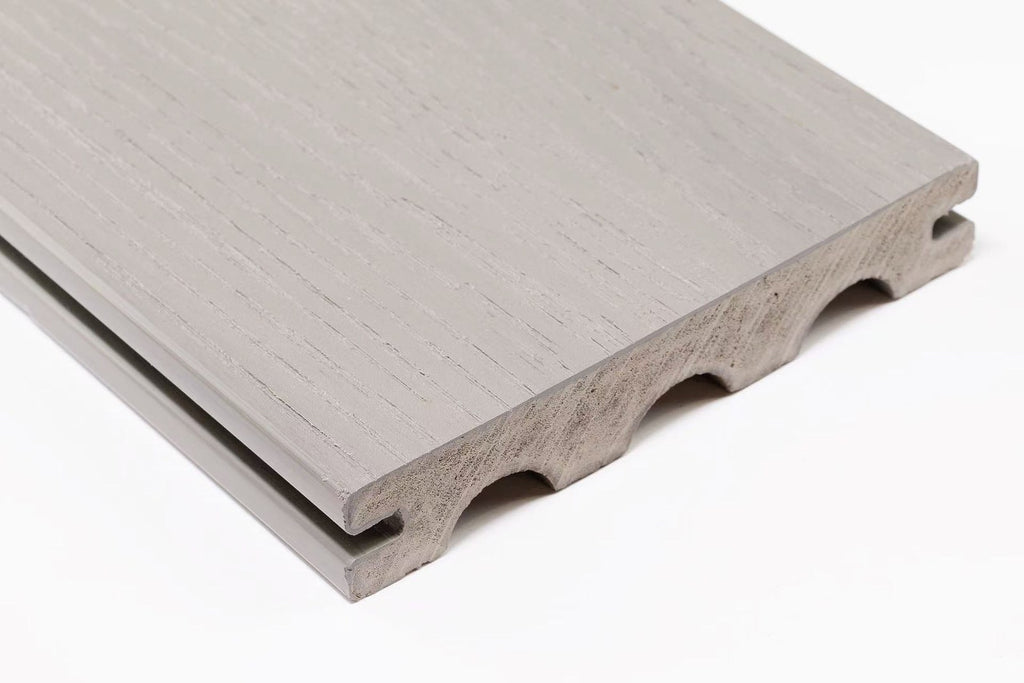 EVERTEX Pioneer PVC decking board in Silver Grey showing the lightweight scalloped underside