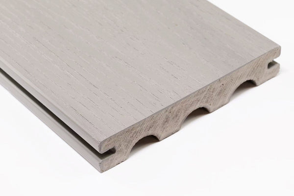 EVERTEX Pioneer PVC decking board in Silver Grey showing the lightweight scalloped underside