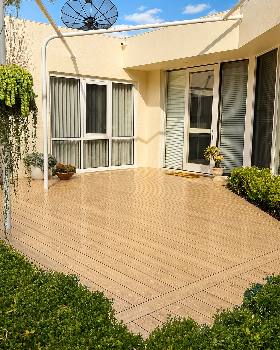 EVERTEX VIVID American Oak PVC decking on a courtyard deck