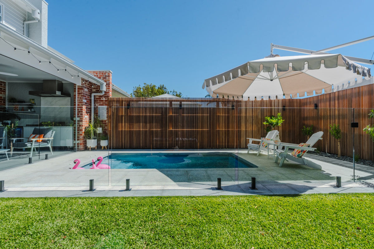 Timber slat screening around a pool, Greenhill Timbers customer job in Altona