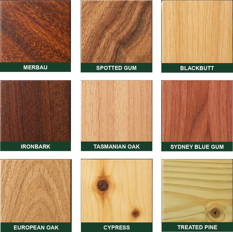 Nine timber species samples: merbau, spotted gum, blackbutt, ironbark, Tasmanian oak, Sydney blue gum, European oak, cypress and treated pine (illustrative render)