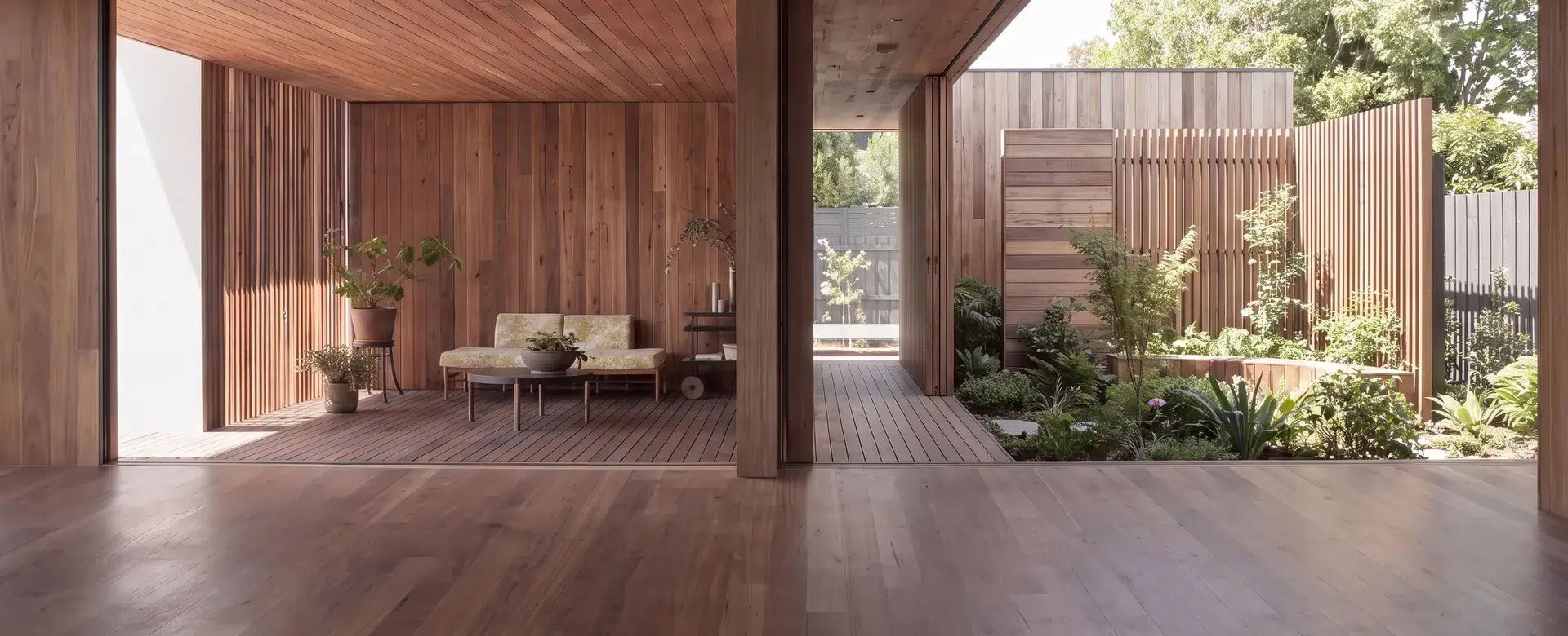 Timber-lined interior with solid timber flooring, cladding and decking