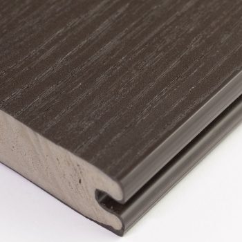 EVERTEX Essence PVC decking board showing the grooved edge and solid PVC core