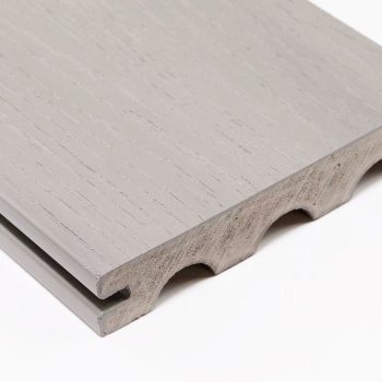 EVERTEX Pioneer PVC decking board in Silver Grey showing the lightweight scalloped underside